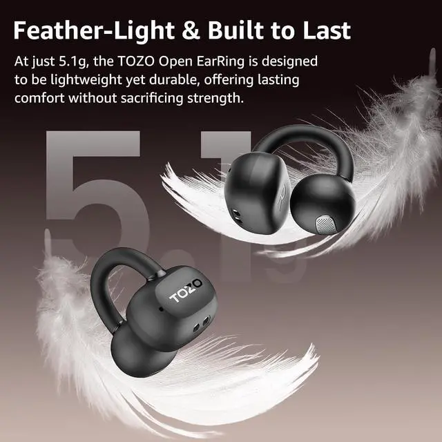 Alt view image 3 of 7 - OpenEarRing True Open Ear Earbuds, Lightweight Comfort Open Ear Clip Wireless Earbuds, 40H Play Bluetooth 5.4 Headphones with Smart Digital Display Design Fit Sports Running, Workout Black