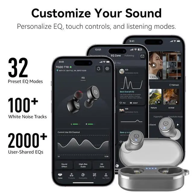 Alt view image 6 of 7 - T10 Wireless Earbuds Bluetooth 5.3 Headphones, App Customize EQ, Ergonomic Design, 55H Playtime, Wireless Charging Case, IPX8 Waterproof Sound in-Ear Headset, New Version