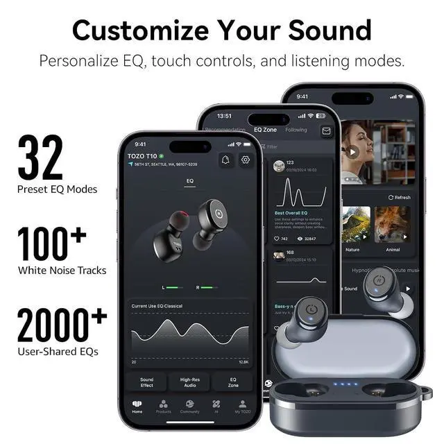 Alt view image 6 of 7 - T10 Wireless Earbuds Bluetooth 5.3 Headphones, App Customize EQ, Ergonomic Design, 55H Playtime, Wireless Charging Case, IPX8 Waterproof Sound in-Ear Headset, New Version