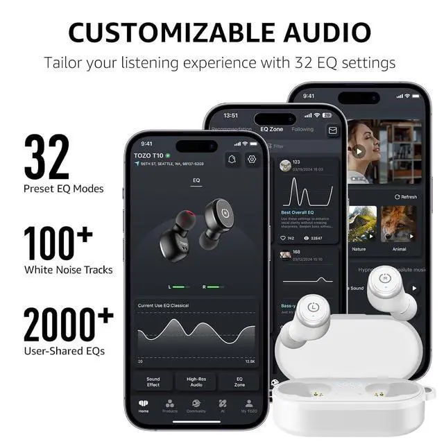 Alt view image 6 of 7 - T10 Wireless Earbuds Bluetooth 5.3 Headphones, App Customize EQ, Ergonomic Design, 55H Playtime, Wireless Charging Case, IPX8 Waterproof Sound in-Ear Headset, New Version