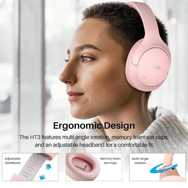 Alt view image 7 of 7 - HT3 Hybrid Noise Cancelling Headphones, 90H Battery Life Wireless Over Ear Bluetooth 6.0 Foldable Headset, AI Voice Assistant with 5 Mics, Connect 2 Devices & Hi-Res Sound, 32 Audio EQ, with Case