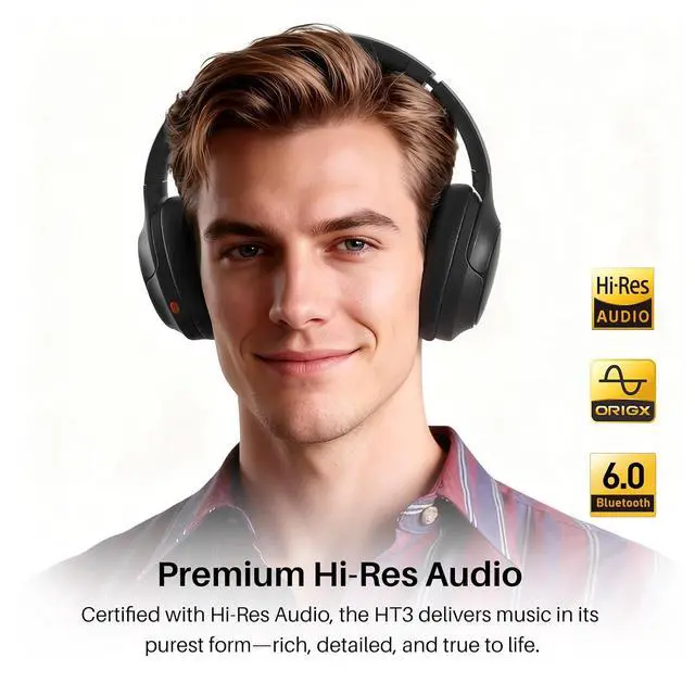 Alt view image 3 of 7 - HT3 Hybrid Noise Cancelling Headphones, 90H Battery Life Wireless Over Ear Bluetooth 6.0 Foldable Headset, AI Voice Assistant with 5 Mics, Connect 2 Devices and Hi-Res Sound, 32 EQ Audio Presets
