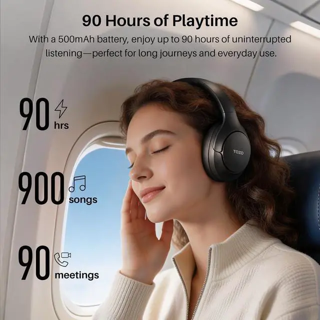 Alt view image 5 of 7 - HT3 Hybrid Noise Cancelling Headphones, 90H Battery Life Wireless Over Ear Bluetooth 6.0 Foldable Headset, AI Voice Assistant with 5 Mics, Connect 2 Devices and Hi-Res Sound, 32 EQ Audio Presets