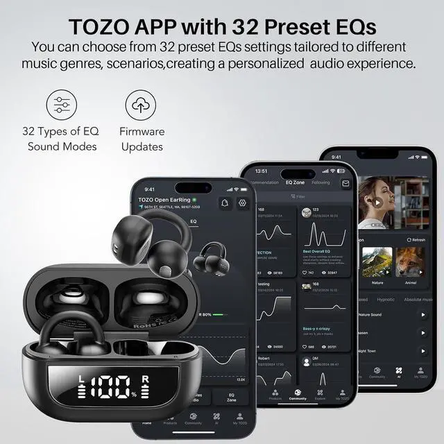 Alt view image 7 of 7 - OpenEarRing True Open Ear Earbuds, Lightweight Comfort Open Ear Clip Wireless Earbuds, 40H Play Bluetooth 5.4 Headphones with Smart Digital Display Design Fit Sports Running, Workout Black