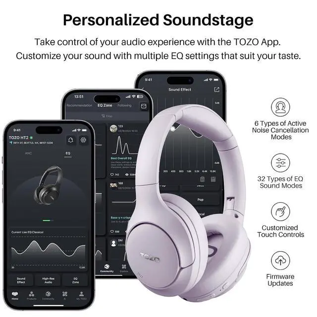 Alt view image 5 of 6 - Hybrid Active Noise Cancelling Headphones, Wireless Over Ear Bluetooth Headset, 60H Playtime, Hi-Res Audio Custom EQ via App Deep Bass Comfort Fit Ear Cups, for Home Office Travel