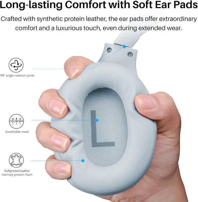 Alt view image 3 of 3 - Hybrid Active Noise Cancelling Headphones, Wireless Over Ear Bluetooth Headset, 60H Playtime, Hi-Res Audio Custom EQ via App Deep Bass Comfort Fit Ear Cups, for Home Office Travel Blue