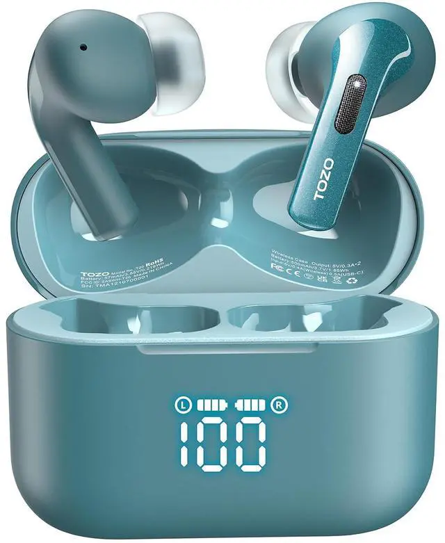 Main image of T20 Wireless Earbuds Bluetooth Headphones 48.5 Hrs Playtime with LED Digital Display, IPX8 Waterproof, Dual Mic Call Noise Cancelling 10mm Broad Range Speakers with Wireless Charging Case Green