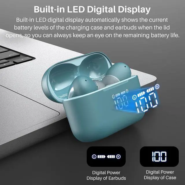 Alt view image 2 of 7 - T20 Wireless Earbuds Bluetooth Headphones 48.5 Hrs Playtime with LED Digital Display, IPX8 Waterproof, Dual Mic Call Noise Cancelling 10mm Broad Range Speakers with Wireless Charging Case Green