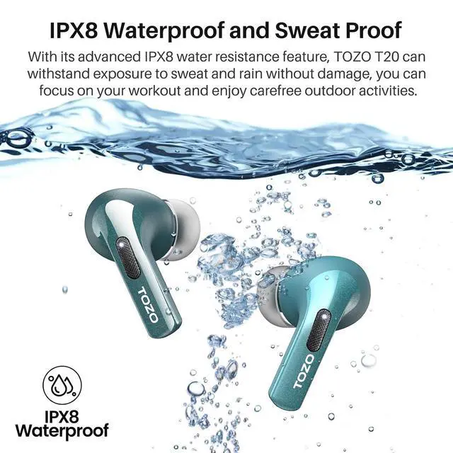Alt view image 7 of 7 - T20 Wireless Earbuds Bluetooth Headphones 48.5 Hrs Playtime with LED Digital Display, IPX8 Waterproof, Dual Mic Call Noise Cancelling 10mm Broad Range Speakers with Wireless Charging Case Green