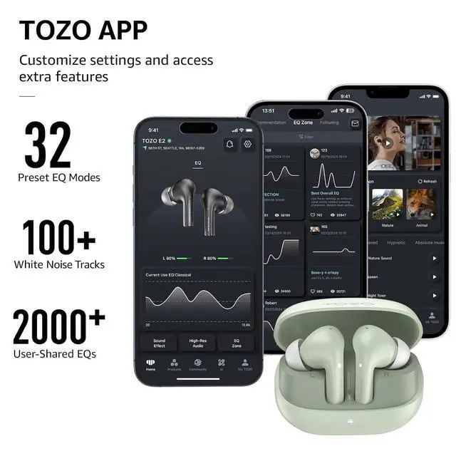 Alt view image 5 of 7 - E2 Wireless Earbuds with 2 Mics AI Call Noise Cancellation, 10mm Drivers with Powerful Bass, App Customize 32 EQs, 30H Playtime, Bluetooth 5.3 Ear Buds, Comfort Fit in-Ear Headphones