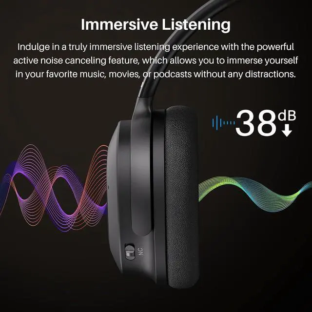 Alt view image 3 of 7 - Hybrid Active Noise Cancelling Headphones, Wireless Over Ear Bluetooth Headset, 40H Playtime, Hi-Res Audio Custom EQ via App Deep Bass Comfort Fit Ear Cups, for Home Office Travel Black
