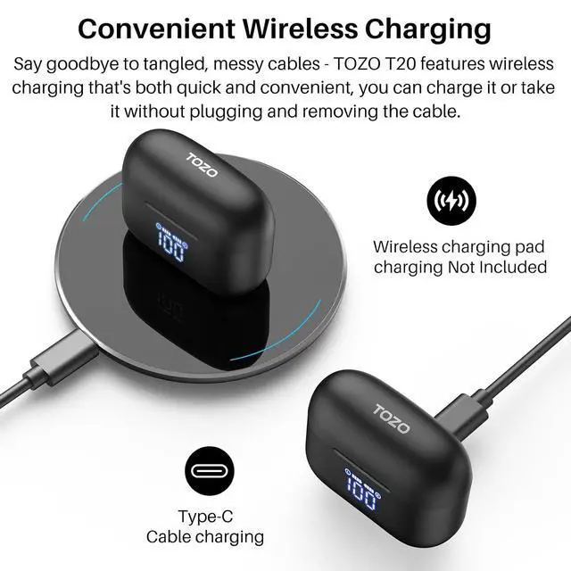 Alt view image 5 of 7 - T20 Wireless Earbuds Bluetooth Headphones 48.5 Hrs Playtime with LED Digital Display, IPX8 Waterproof, Dual Mic Call Noise Cancelling 10mm Broad Range Speakers, New Version