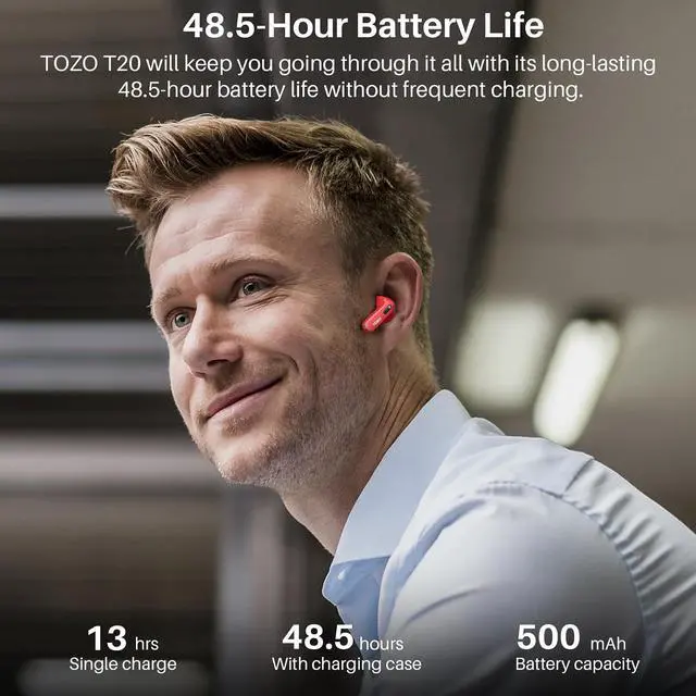 Alt view image 6 of 7 - T20 Wireless Earbuds Bluetooth Headphones 48.5 Hrs Playtime with LED Digital Display, IPX8 Waterproof, Dual Mic Call Noise Cancelling 10mm Broad Range Speakers with Wireless Charging Case