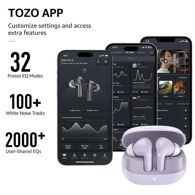 Alt view image 5 of 7 - E2 Wireless Earbuds with 2 Mics AI Call Noise Cancellation, 10mm Drivers with Powerful Bass, App Customize 32 EQs, 30H Playtime, Bluetooth 5.3 Ear Buds, Comfort Fit in-Ear Headphones