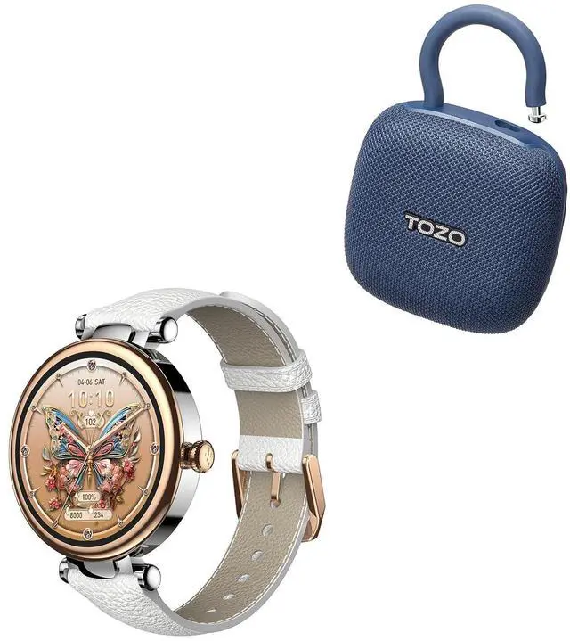 Main image of S8 AMOLED Smart Watch for Women, 1.32" HD Color Screen, Health Tracker Ladies Watch, PE1 Portable Bluetooth Speakers with Adjustable Carabiner, Mini Bluetooth Wireless Shower Speaker