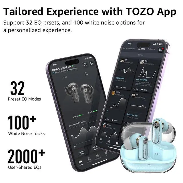Alt view image 6 of 6 - Crystal Pods Black & Blue Hybrid Active Noise Cancelling Wireless Earbuds, 10mm Drivers Deep Bass Stereo Sound, 4 Mics Smart ENC AI Calls, 32 EQ via App, Bluetooth 5.4 Headphones