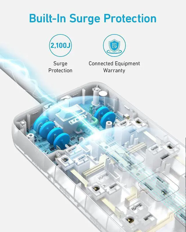 Alt view image 4 of 7 - Power Strip with 2100J Surge Protector, Outlet Extender, 5ft Extension Cord with Multiple Outlets, 12 AC, 2 USB A,1 USB C Port for 20W, Home Office, Dorm Room Essentials, TUV Listed