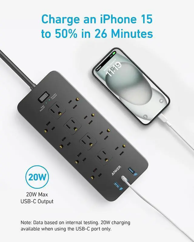 Alt view image 7 of 7 - Power Strip with 2100J Surge Protector, Outlet Extender, 5ft Extension Cord with Multiple Outlets, 12 AC, 2 USB A,1 USB C Port for 20W, Home Office, Dorm Room Essentials, TUV Listed