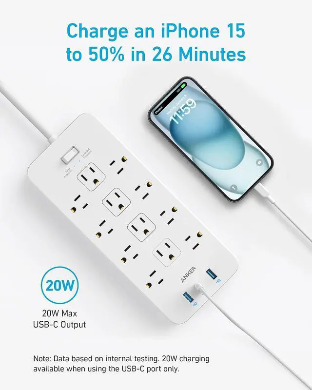 Alt view image 7 of 7 - Power Strip with 2100J Surge Protector, Outlet Extender, 5ft Extension Cord with Multiple Outlets, 12 AC, 2 USB A,1 USB C Port for 20W, Home Office, Dorm Room Essentials, TUV Listed