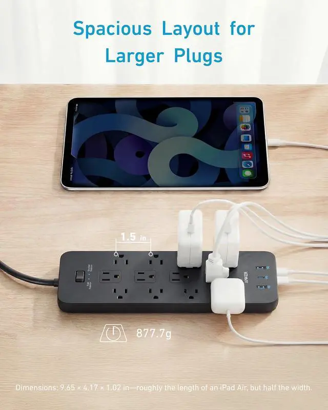 Alt view image 5 of 7 - Power Strip with 2100J Surge Protector, Outlet Extender, 10ft Extension Cord with Multiple Outlets, 12 AC, 2 USB A,1 USB C Port for 20W, Home Office, Dorm Room Essentials, TUV Listed