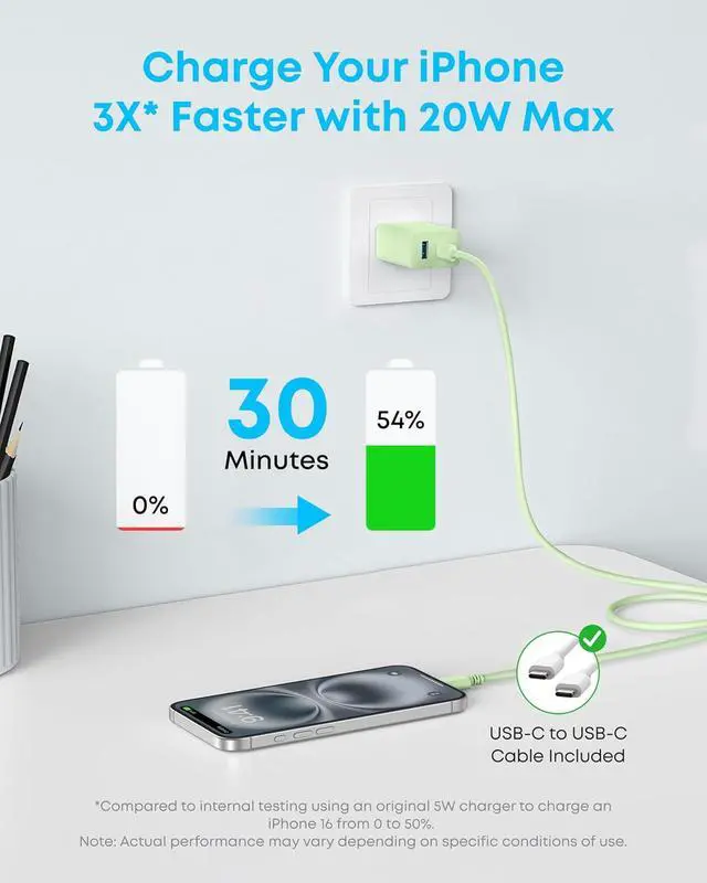 Alt view image 4 of 7 - iPhone Charger, 2-Pack 20W Fast USB C Charger Block, Type C Charger Fast Charging for iPhone 17/17 Pro Max/16 Series/iPad Pro and More (Green, 2 Pack & 2 Cable)
