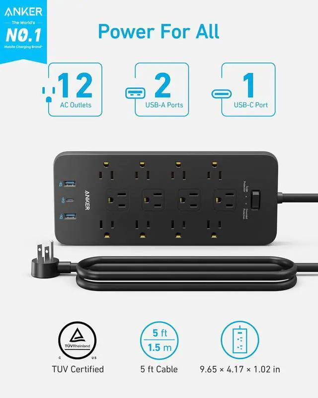 Alt view image 2 of 7 - Power Strip with 2100J Surge Protector, Outlet Extender, 5ft Extension Cord with Multiple Outlets, 12 AC, 2 USB A,1 USB C Port for 20W, Home Office, Dorm Room Essentials, TUV Listed