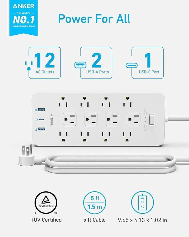 Alt view image 2 of 7 - Power Strip with 2100J Surge Protector, Outlet Extender, 5ft Extension Cord with Multiple Outlets, 12 AC, 2 USB A,1 USB C Port for 20W, Home Office, Dorm Room Essentials, TUV Listed