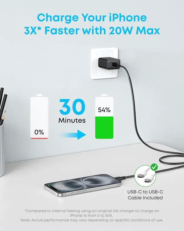 Alt view image 4 of 7 - iPhone Charger, 2-Pack 20W Fast USB C Charger Block, Type C Charger Fast Charging for iPhone 17/17 Pro Max/16 Series/iPad Pro and More (Black, 2 Pack & 2 Cable)