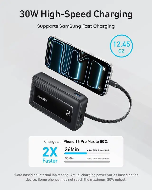 Alt view image 2 of 7 - Zolo Power Bank (2025 Upgraded Version), 20,000mAh 30W High-Speed Portable Charger with Built-in USB-C Cable, Battery Pack for iPhone 17/16 / 15 Series, Galaxy, and More