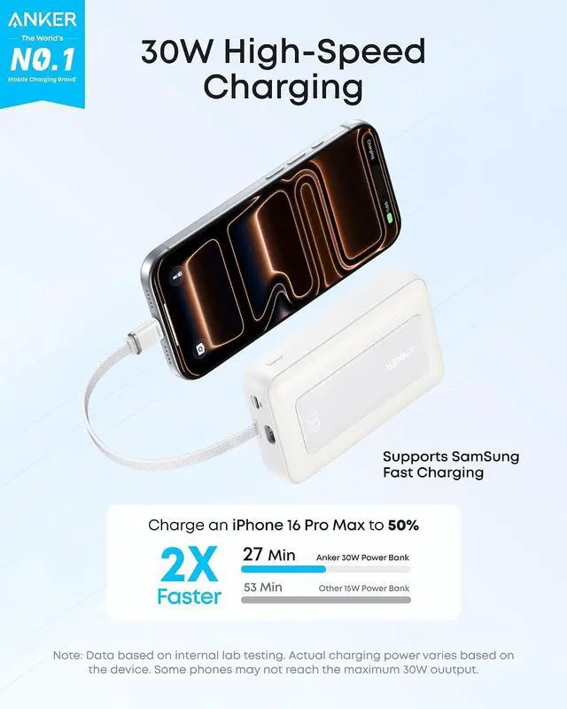 Alt view image 2 of 7 - Portable Charger, 10,000mAh 30W Power Bank, USB-C in and Out Fast Charging Battery Pack, Travel Essential Phone Power Bank, for iPhone 17/16, Galaxy and More (White, 10000, Milliamp Hours)