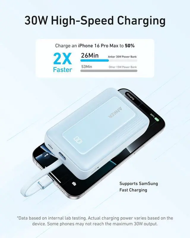 Alt view image 3 of 6 - Zolo Power Bank (2025 Upgraded Version), 20,000mAh 30W High-Speed Portable Charger with Built-in USB-C Cable, Battery Pack for iPhone 17/16 / 15 Series, Galaxy, and More
