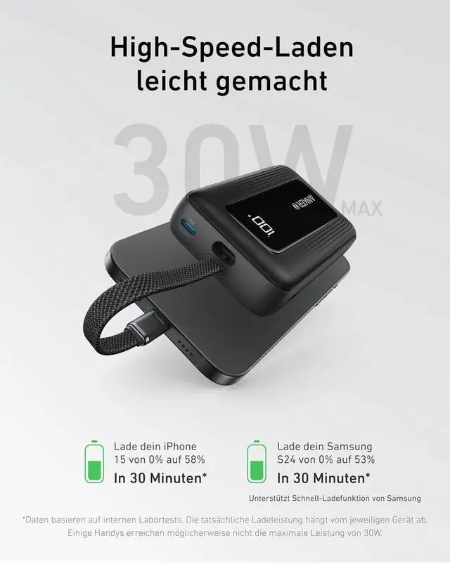 Alt view image 3 of 7 - Zolo Power Bank (2025 Upgraded Version), 20,000mAh 30W High-Speed Portable Charger with Built-in USB-C Cable, Battery Pack for iPhone 17/16 / 15 Series, Galaxy, and More
