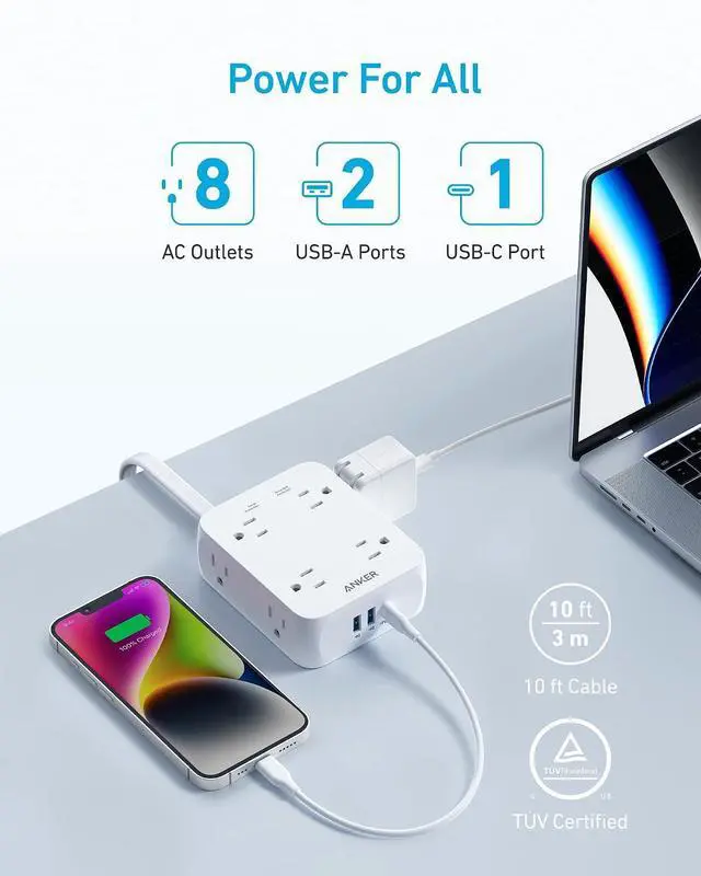 Alt view image 2 of 7 - Power Strip with 2000J Surge Protector, Flat Plug Extension Cord with Multiple Outlets, 8 AC, 2 USB A & 1 USB C Port for 20W, 10ft Outlet Extender, Dorm Room Essentials, Home Office, TUV Listed