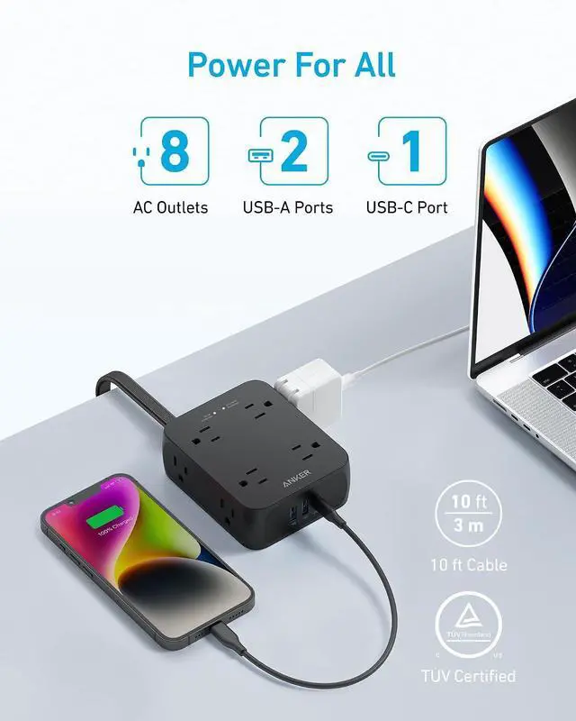 Alt view image 2 of 7 - Power Strip with 2000J Surge Protector, Flat Plug Extension Cord with Multiple Outlets, 8 AC, 2 USB A & 1 USB C Port for 20W, 10ft Outlet Extender, Dorm Room Essentials, Home Office, TUV Listed