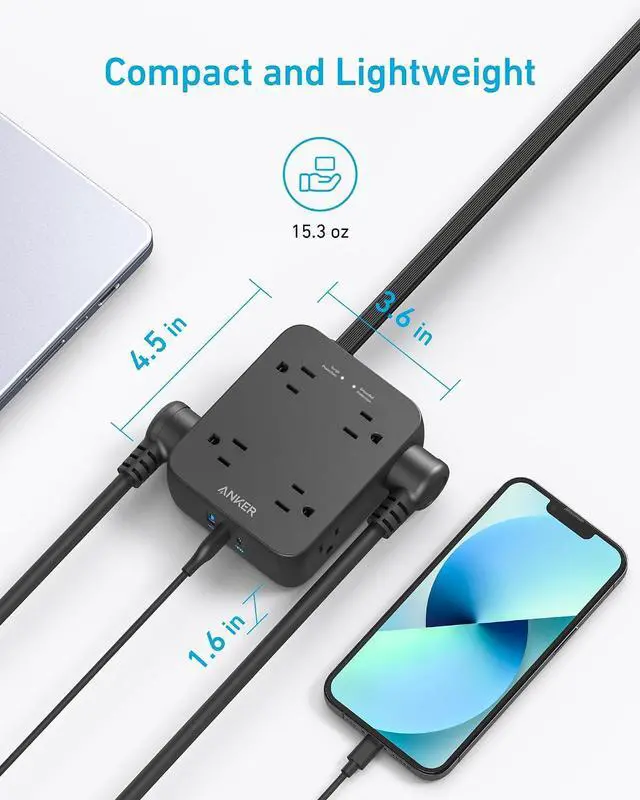 Alt view image 5 of 7 - Power Strip with 2000J Surge Protector, Flat Plug Extension Cord with Multiple Outlets, 8 AC, 2 USB A & 1 USB C Port for 20W, 10ft Outlet Extender, Dorm Room Essentials, Home Office, TUV Listed