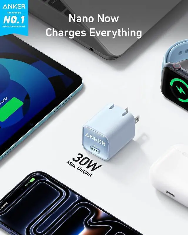 Alt view image 2 of 6 - Nano Phone Charger, USB C GaN Charger 30W, PIQ 3.0 Foldable PPS Fast Charger USB C for iPhone 17 / 16 and more series, Galaxy, iPad, Compatible with MagSafe