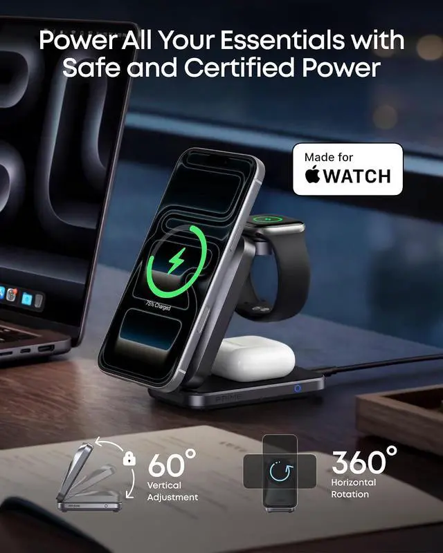 Alt view image 4 of 6 - Prime Foldable MagSafe Charger, 25W Qi2.2-Certified Palm-Sized Travel-Ready 3-in-1 Charging Station, AirCool Wireless Charger, for iPhone 17, Apple Watch, AirPods (Non-Battery, with Adapter)