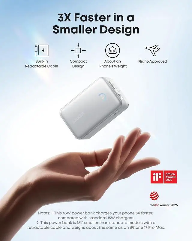 Alt view image 4 of 7 - Nano Portable Charger, 45W 10000mAh with 2.3 ft Retractable Cable, Compact Power Bank, Travel Essential Phone Battery Pack for iPhone 17/16 Series, iPad, Galaxy, Pixel, and More