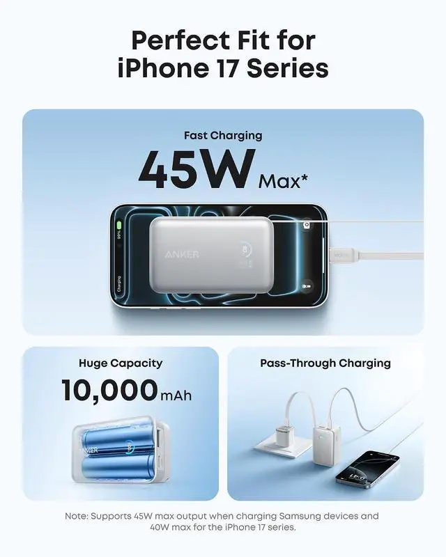Alt view image 3 of 7 - Nano Portable Charger, 45W 10000mAh with 2.3 ft Retractable Cable, Compact Power Bank, Travel Essential Phone Battery Pack for iPhone 17/16 Series, iPad, Galaxy, Pixel, and More