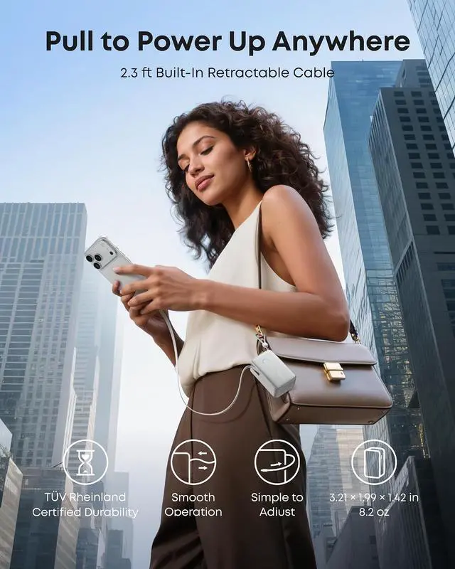 Alt view image 5 of 7 - Nano Portable Charger, 45W 10000mAh with 2.3 ft Retractable Cable, Compact Power Bank, Travel Essential Phone Battery Pack for iPhone 17/16 Series, iPad, Galaxy, Pixel, and More