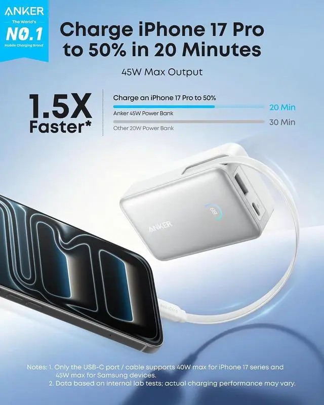 Alt view image 2 of 7 - Nano Portable Charger, 45W 10000mAh with 2.3 ft Retractable Cable, Compact Power Bank, Travel Essential Phone Battery Pack for iPhone 17/16 Series, iPad, Galaxy, Pixel, and More