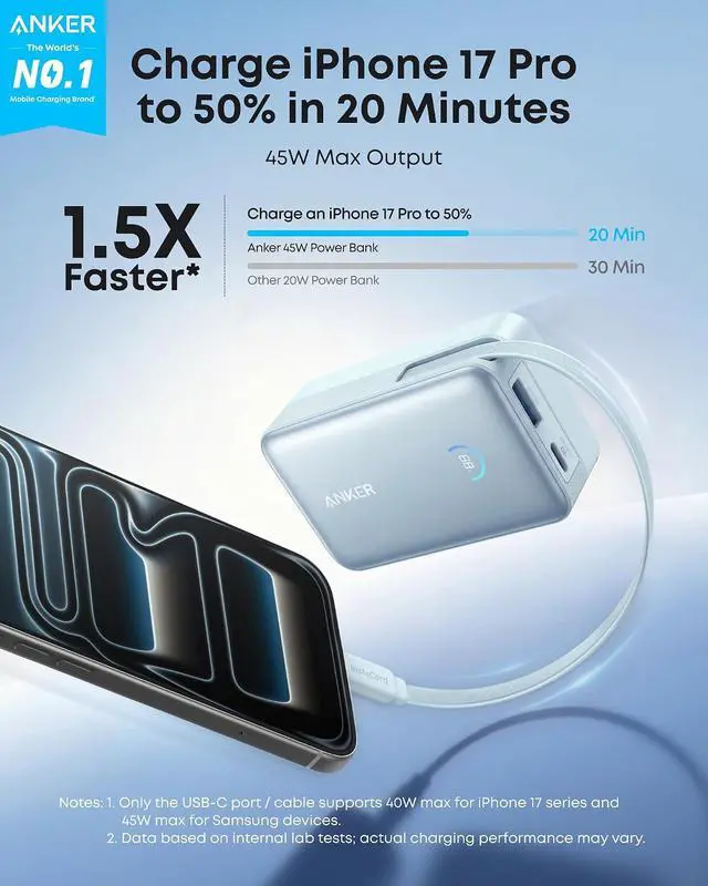Alt view image 2 of 7 - Nano Portable Charger, 45W 10000mAh with 2.3 ft Retractable Cable, Compact Power Bank, Travel Essential Phone Battery Pack for iPhone 17/16 Series, iPad, Galaxy, Pixel, and More (Blue)