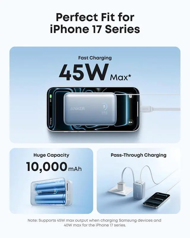 Alt view image 3 of 7 - Nano Portable Charger, 45W 10000mAh with 2.3 ft Retractable Cable, Compact Power Bank, Travel Essential Phone Battery Pack for iPhone 17/16 Series, iPad, Galaxy, Pixel, and More (Blue)