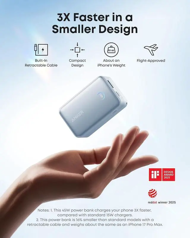 Alt view image 4 of 7 - Nano Portable Charger, 45W 10000mAh with 2.3 ft Retractable Cable, Compact Power Bank, Travel Essential Phone Battery Pack for iPhone 17/16 Series, iPad, Galaxy, Pixel, and More (Blue)