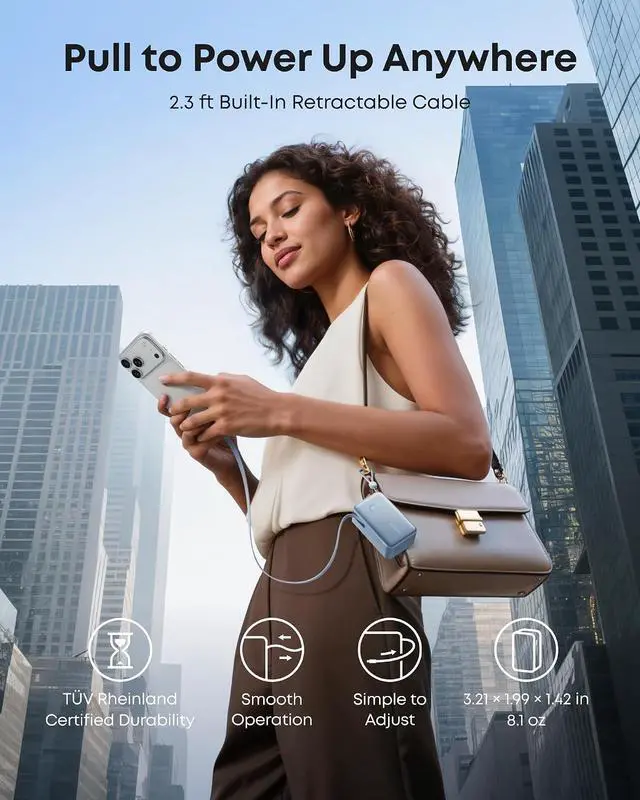 Alt view image 5 of 7 - Nano Portable Charger, 45W 10000mAh with 2.3 ft Retractable Cable, Compact Power Bank, Travel Essential Phone Battery Pack for iPhone 17/16 Series, iPad, Galaxy, Pixel, and More (Blue)