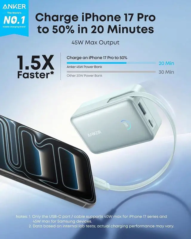 Alt view image 2 of 7 - Nano Portable Charger, 45W 10000mAh with 2.3 ft Retractable Cable, Compact Power Bank, Travel Essential Phone Battery Pack for iPhone 17/16 Series, iPad, Galaxy, Pixel, and More