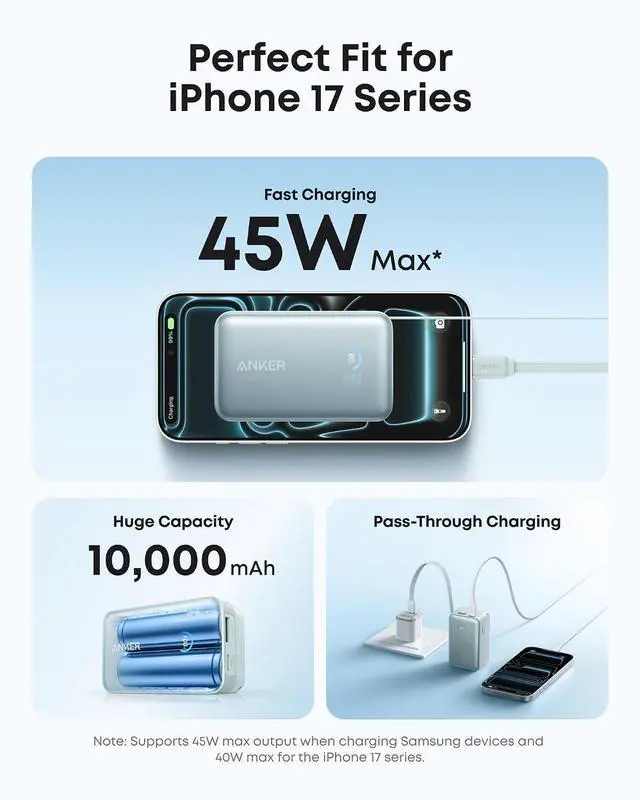 Alt view image 3 of 7 - Nano Portable Charger, 45W 10000mAh with 2.3 ft Retractable Cable, Compact Power Bank, Travel Essential Phone Battery Pack for iPhone 17/16 Series, iPad, Galaxy, Pixel, and More