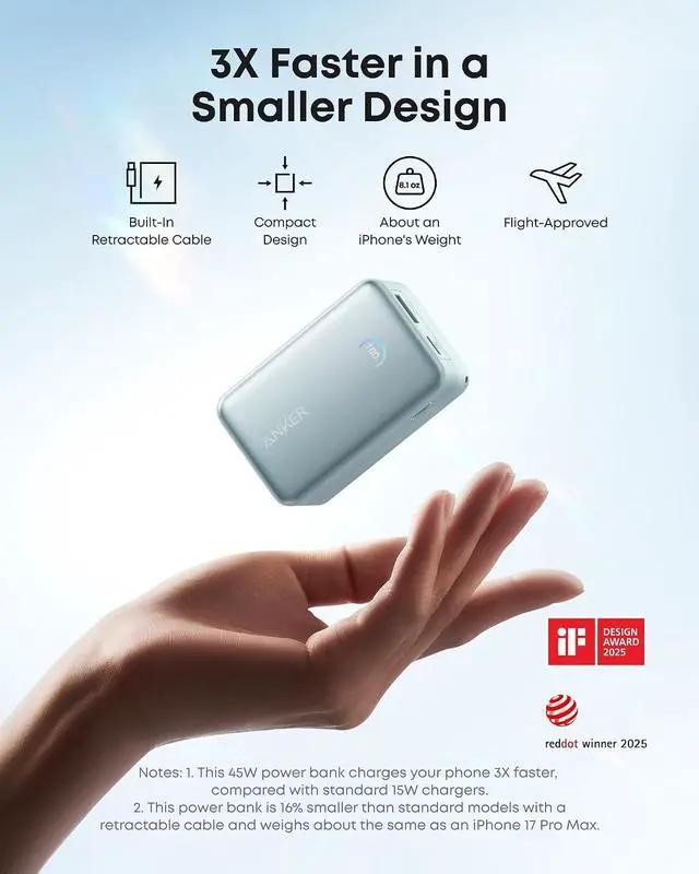 Alt view image 4 of 7 - Nano Portable Charger, 45W 10000mAh with 2.3 ft Retractable Cable, Compact Power Bank, Travel Essential Phone Battery Pack for iPhone 17/16 Series, iPad, Galaxy, Pixel, and More