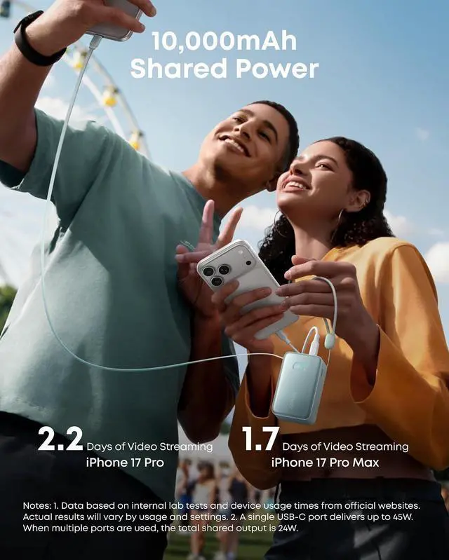 Alt view image 6 of 7 - Nano Portable Charger, 45W 10000mAh with 2.3 ft Retractable Cable, Compact Power Bank, Travel Essential Phone Battery Pack for iPhone 17/16 Series, iPad, Galaxy, Pixel, and More