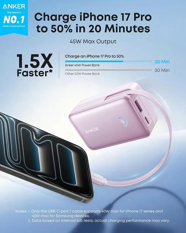Alt view image 2 of 7 - Nano Portable Charger, 45W 10000mAh with 2.3 ft Retractable Cable, Compact Power Bank, Travel Essential Phone Battery Pack for iPhone 17/16 Series, iPad, Galaxy, Pixel, and More